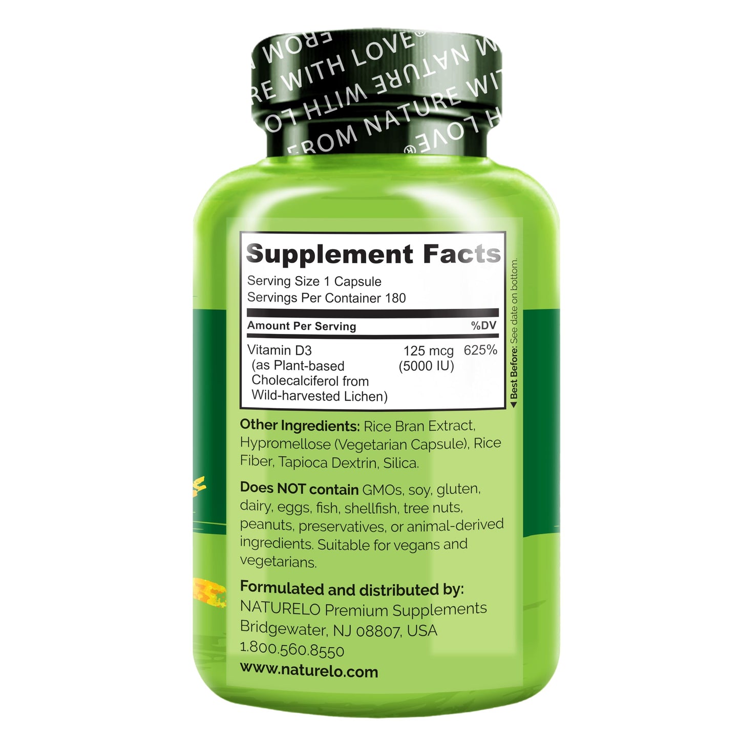 Naturelo Vitamin D3 5000 IU – Plant-Based from Lichen | Vegan D3, 180 Capsules