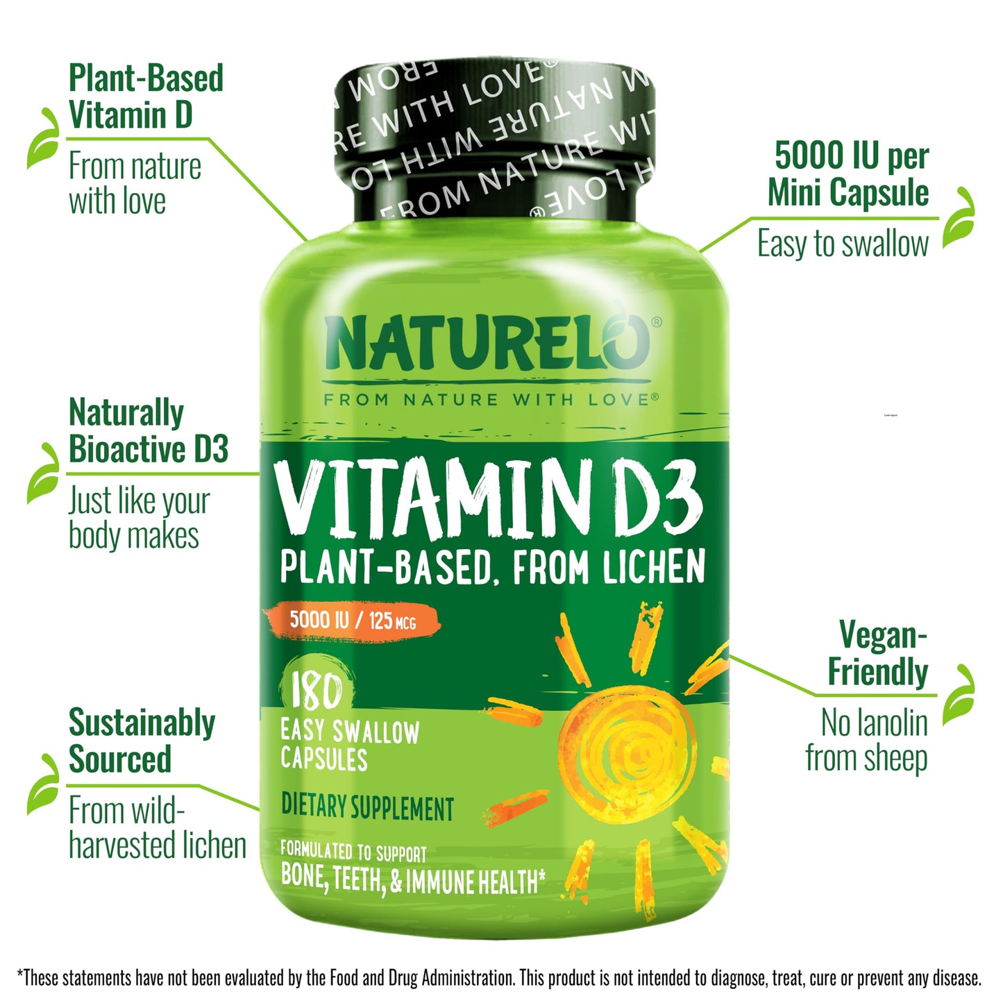 Naturelo Vitamin D3 5000 IU – Plant-Based from Lichen | Vegan D3, 180 Capsules