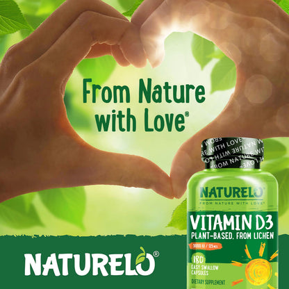 Naturelo Vitamin D3 5000 IU – Plant-Based from Lichen | Vegan D3, 180 Capsules