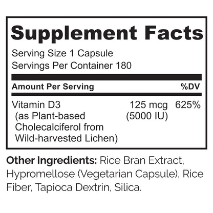 Naturelo Vitamin D3 5000 IU – Plant-Based from Lichen | Vegan D3, 180 Capsules