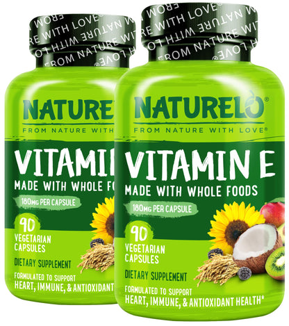NATURELO Vitamin E 180 mg from Organic Whole Foods – Vegan, Non-GMO, Soy Free, 90 Capsules (Pack of 2)