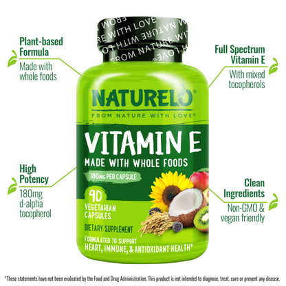 NATURELO Vitamin E 180 mg from Organic Whole Foods – Vegan, Non-GMO, Soy Free, 90 Capsules (Pack of 2)