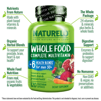 NATURELO Whole Food Multivitamin for Men 50+ – Plant-Based, 120 Capsules