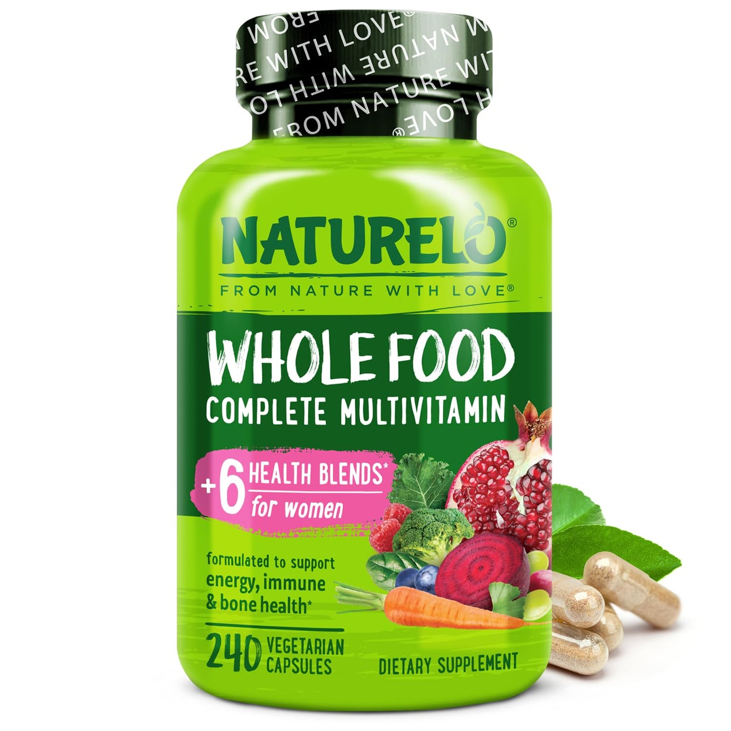 Naturelo Whole Food Multivitamin for Women – Vegan, Non-GMO, with Organic Extracts | 240 Vegan Capsules