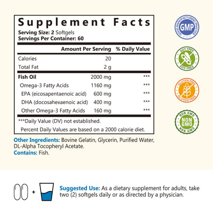 NatureMyst Omega-3 Fish Oil 2000mg - 120 Softgels | 1160 mg Omega-3, 600 mg EPA, 400 mg DHA | Heart, Brain, Immune Health
