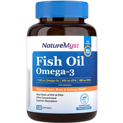 NatureMyst Omega-3 Fish Oil 2000mg - 120 Softgels | 1160 mg Omega-3, 600 mg EPA, 400 mg DHA | Heart, Brain, Immune Health