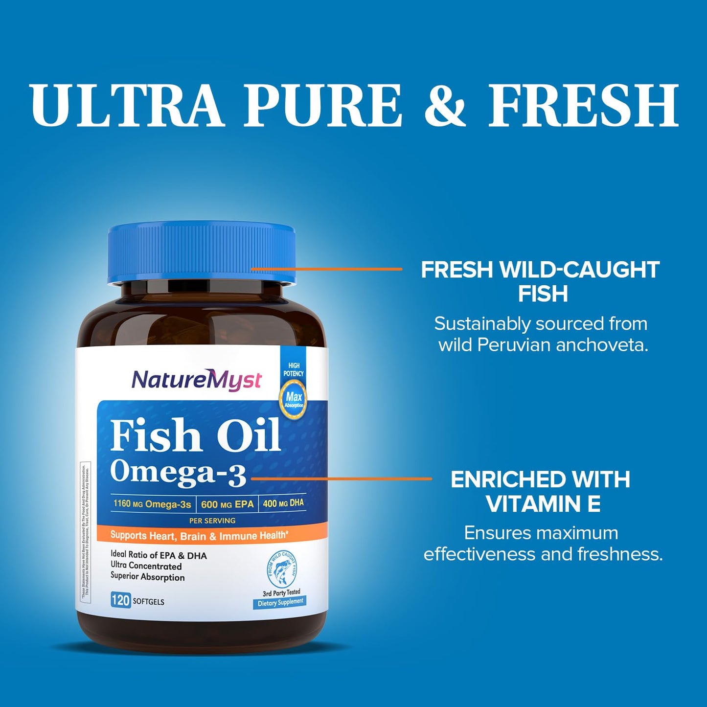 NatureMyst Omega-3 Fish Oil 2000mg - 120 Softgels | 1160 mg Omega-3, 600 mg EPA, 400 mg DHA | Heart, Brain, Immune Health
