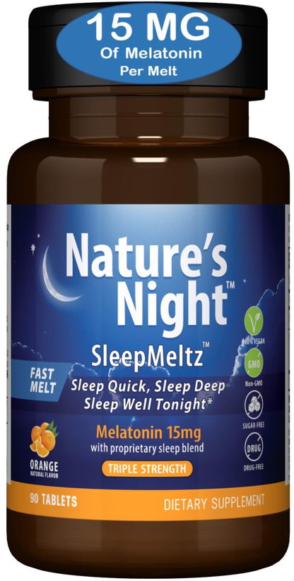 Nature's Night Melatonin 15mg Quick-Dissolve | Triple Strength Sleep Support, Orange Flavor, 90 Count – Sugar Free, Vegan, Non-GMO, Drug Free
