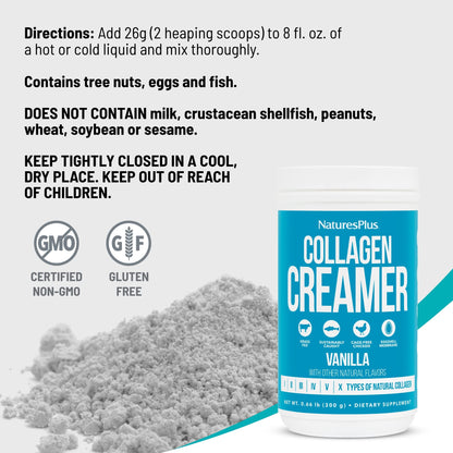 NaturesPlus Collagen Creamer Vanilla - 0.66 lb Powder | Hair, Skin, Nails & Joint Health, Immune Support | Non-GMO, Gluten Free | 12 Servings