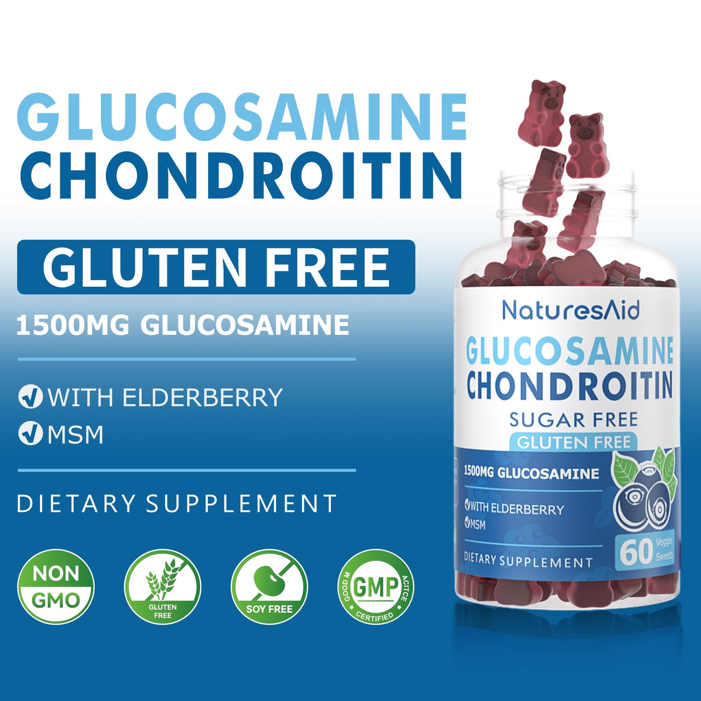 Natures Aid Glucosamine Chondroitin Gummies with MSM & Elderberry – Extra Strength – Joint Support & Immune Health (2 Pack)