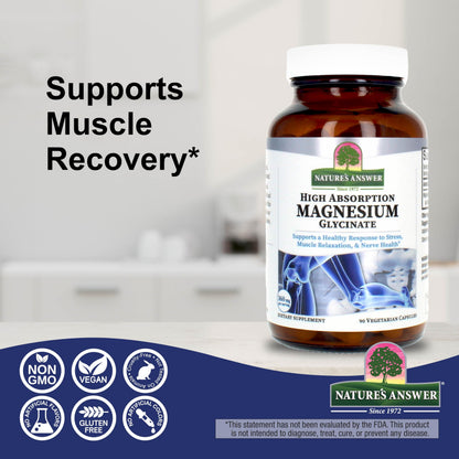 Nature's Answer Magnesium Glycinate Vegetarian Capsules 90 Count | Muscle Function, Relaxation & Stress Support | Vegan, Non-GMO, Made in USA