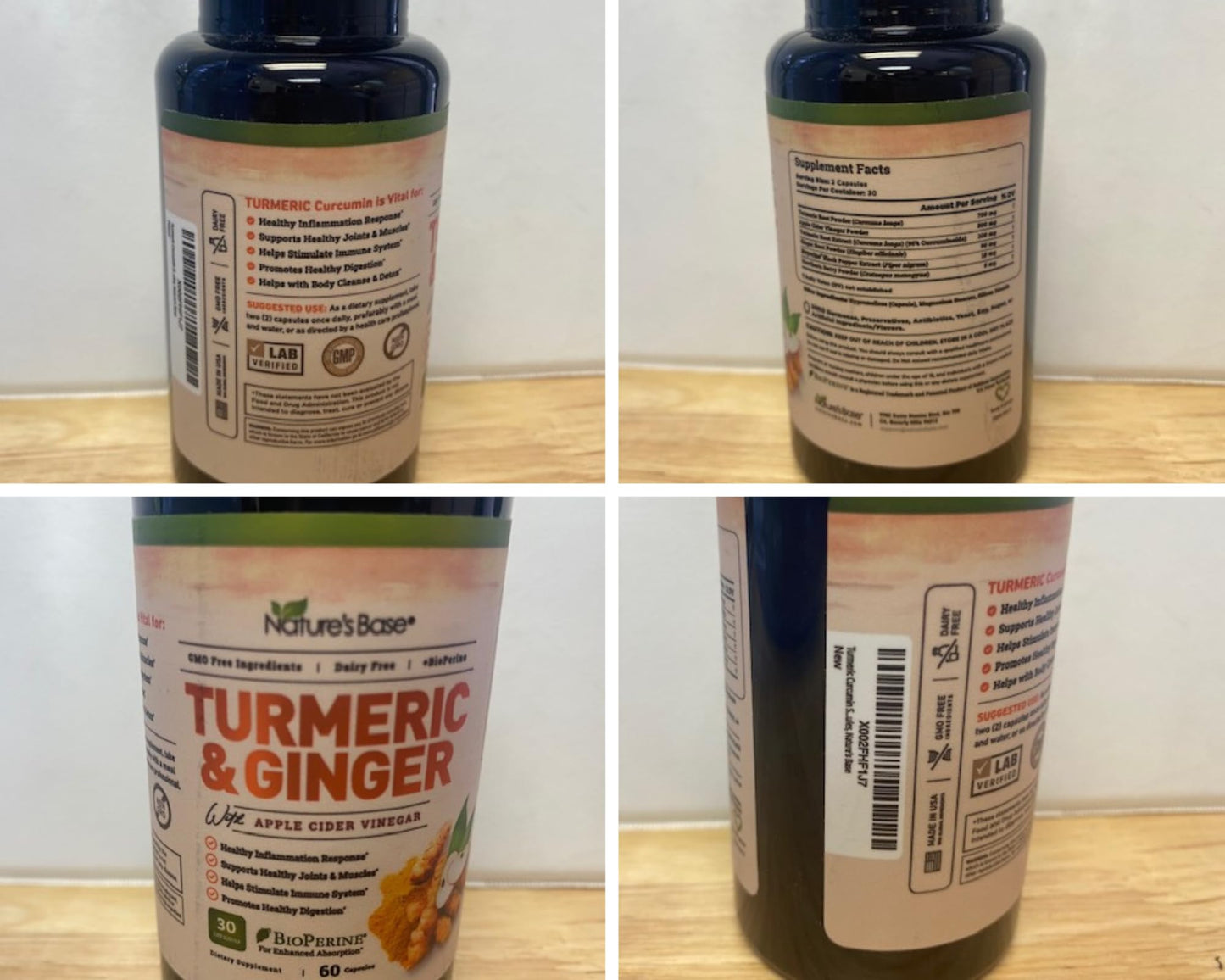 Nature's Base Turmeric & Ginger Supplement - Curcumin 95% | ACV & BioPerine - 60 Capsules