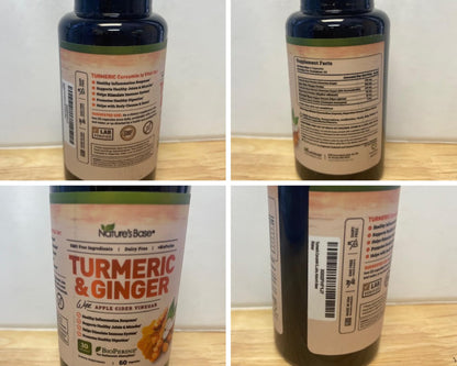 Nature's Base Turmeric & Ginger Supplement - Curcumin 95% | ACV & BioPerine - 60 Capsules