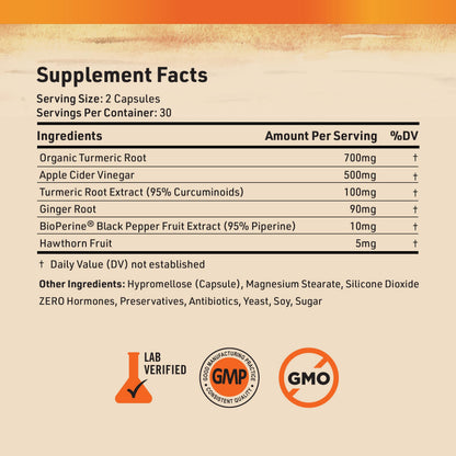 Nature's Base Turmeric & Ginger Supplement - Curcumin 95% | ACV & BioPerine - 60 Capsules