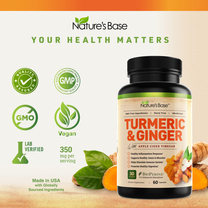 Nature's Base Turmeric & Ginger Supplement - Curcumin 95% | ACV & BioPerine - 60 Capsules