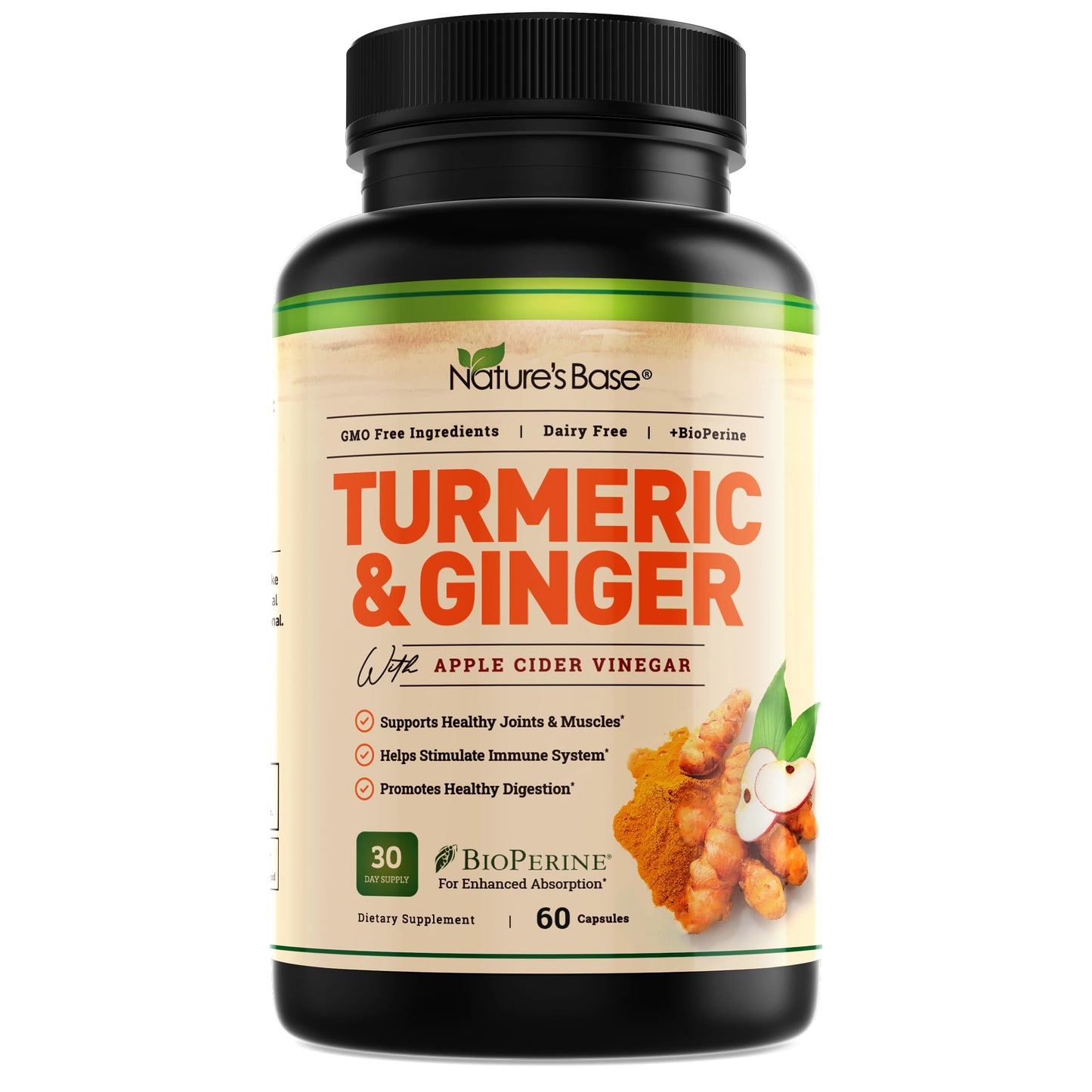 Nature's Base Turmeric & Ginger Supplement - Curcumin 95% | ACV & BioPerine - 60 Capsules