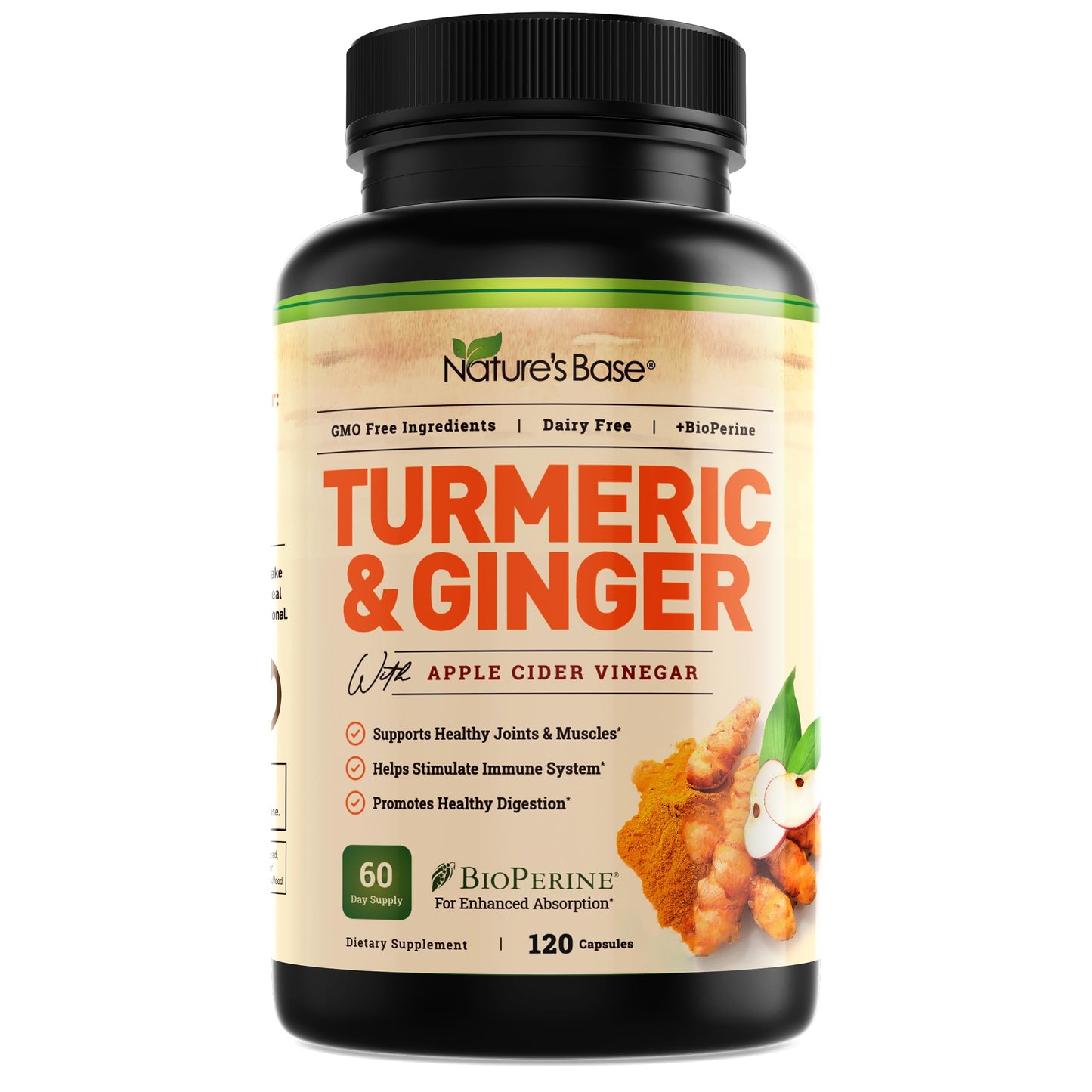 Nature's Base Turmeric & Ginger Supplement – 95% Curcuminoids, 120 Caps
