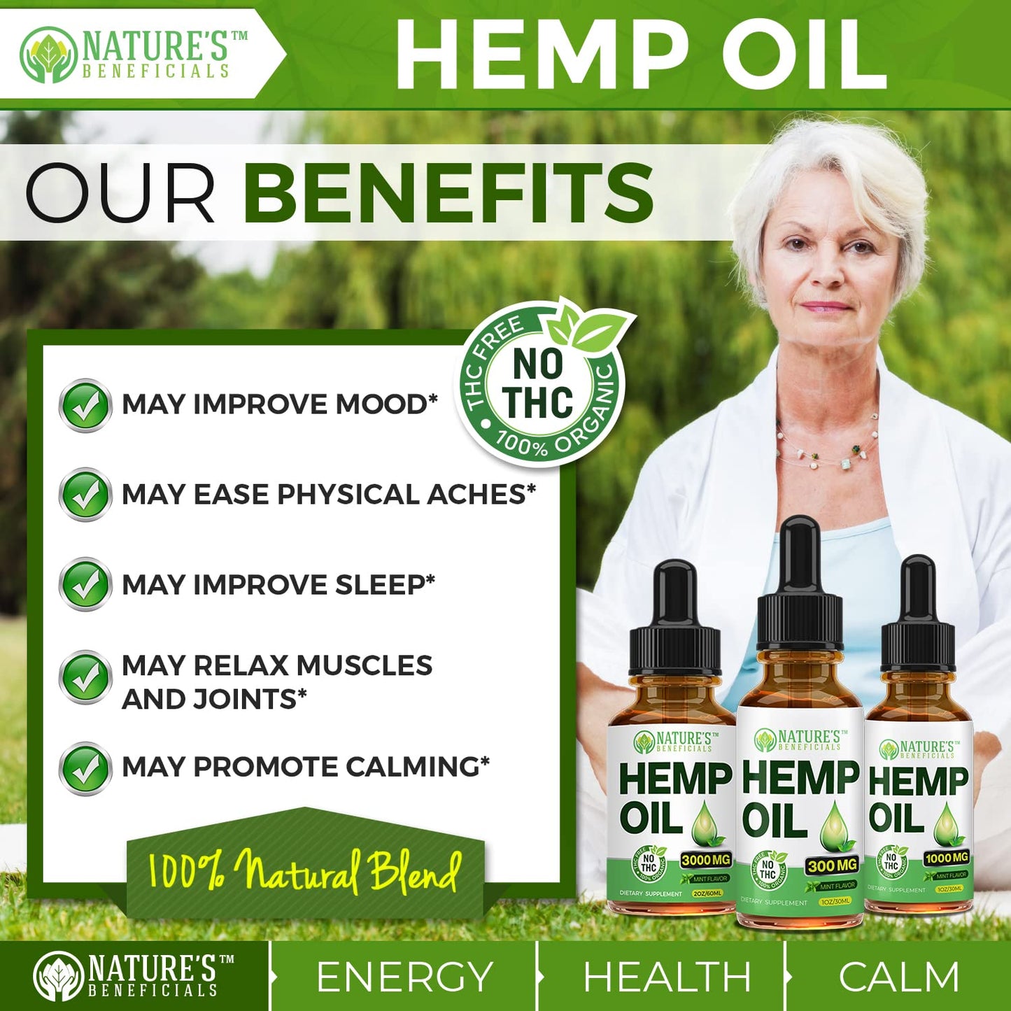 NATURE'S BENEFICIALS Organic Hemp Oil Drops 300mg | Omega 3-6-9 | Non-GMO, CO2 Extracted