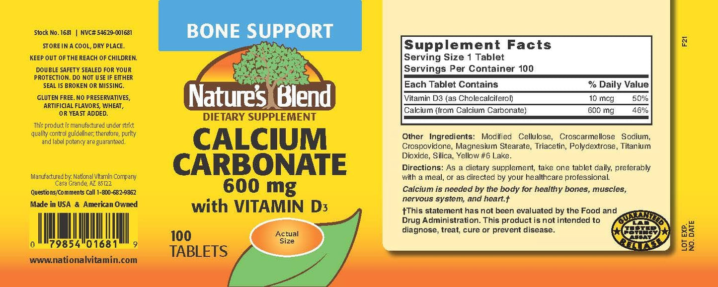 Nature's Blend Calcium Carbonate 600 mg with D3 400 IU – 100 Tablets (Pack of 1) UPC 079854016819