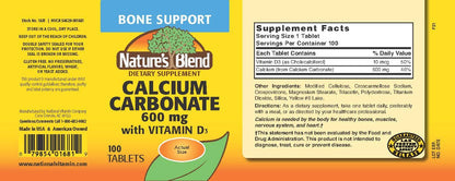 Nature's Blend Calcium Carbonate 600 mg with D3 400 IU – 100 Tablets (Pack of 1) UPC 079854016819