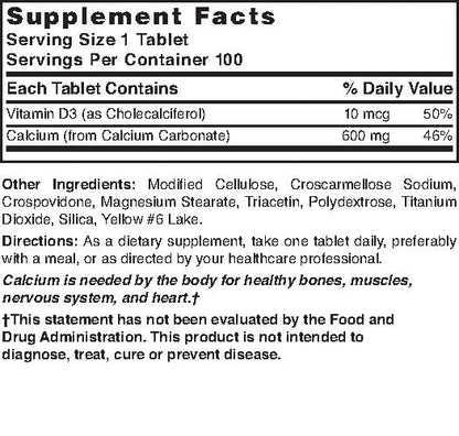 Nature's Blend Calcium Carbonate 600 mg with D3 400 IU – 100 Tablets (Pack of 1) UPC 079854016819