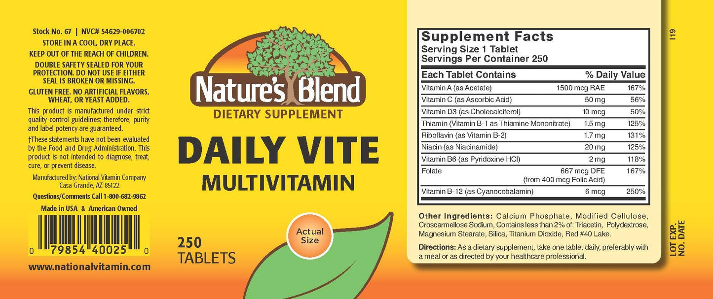 Nature's Blend Daily Vite 250 Tablets | Daily Multivitamin Supplement