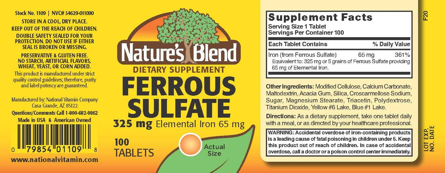 Nature's Blend Ferrous Sulfate 325 mg – Iron Supplement, 100 Tablets (Assorted)