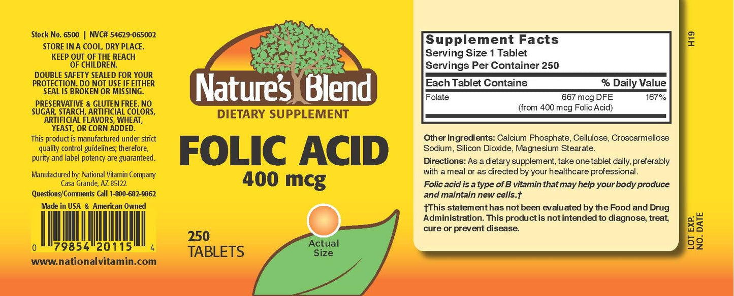 Nature's Blend Folic Acid 400 mcg - 250 Tabs | 100% DV, Gluten Free