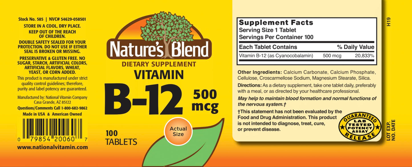 Nature's Blend Vitamin B-12 500 mcg – 100 Tablets | Cyanocobalamin Supplement