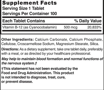 Nature's Blend Vitamin B-12 500 mcg – 100 Tablets | Cyanocobalamin Supplement