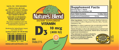 Nature's Blend Vitamin D 400 IU - 100 Tablets | Supports Bone Health