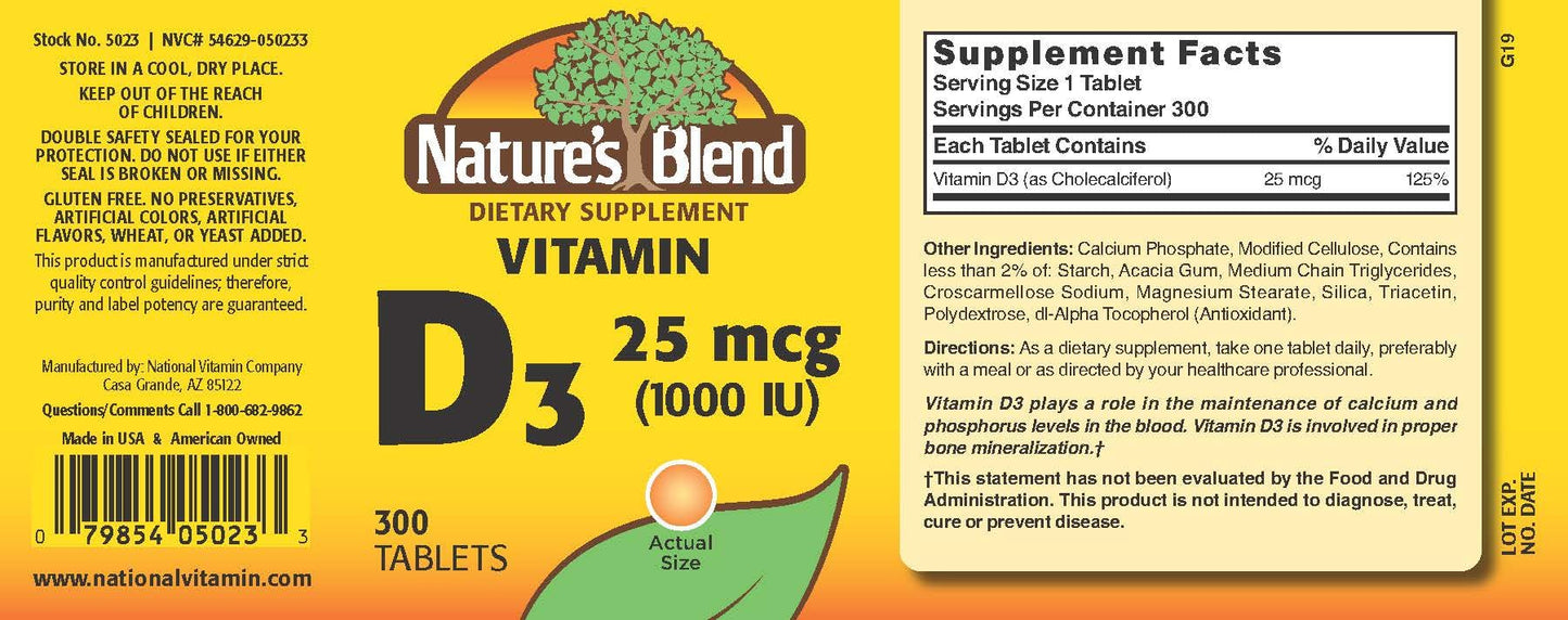 Nature's Blend Vitamin D3 1000 IU – 300 Tablets | Vitamin D3 Supplement