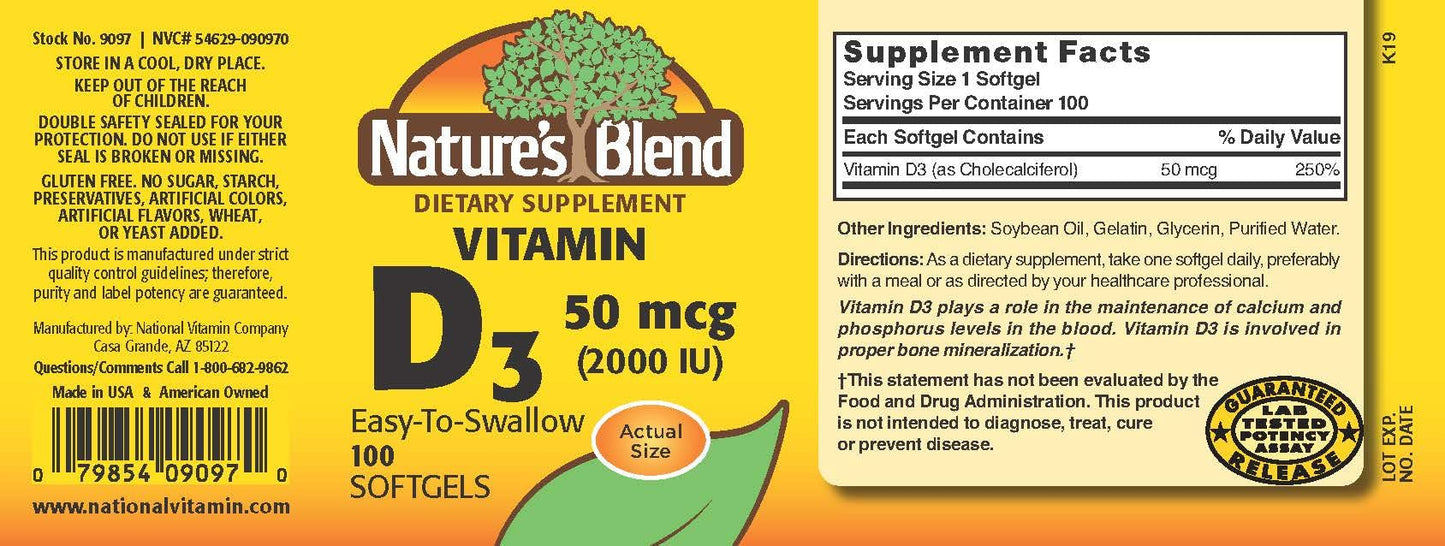Nature's Blend Vitamin D3 50 mcg (2000 IU) Softgels - 100 Count