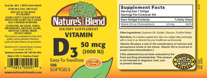 Nature's Blend Vitamin D3 50 mcg (2000 IU) Softgels - 100 Count