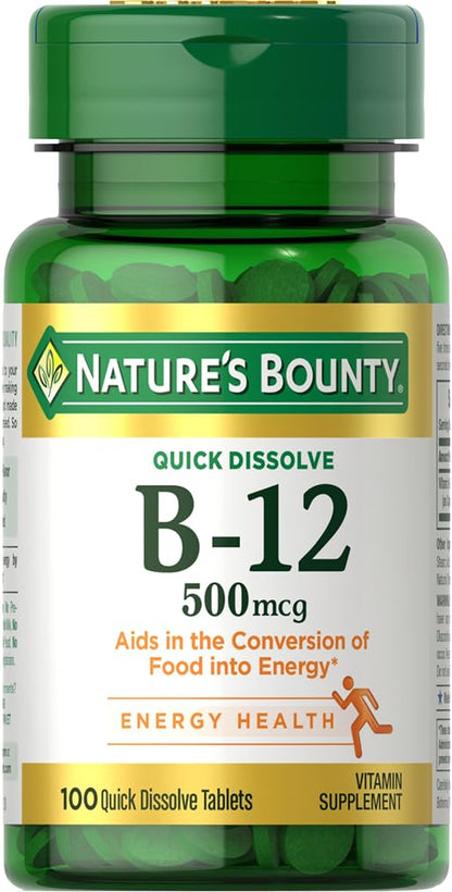 Nature's Bounty Vitamin B12 500mcg Quick-Dissolve Tablets | Energy & Nerve Support