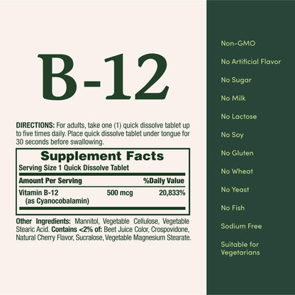 Nature's Bounty Vitamin B12 500mcg Quick-Dissolve Tablets | Energy & Nerve Support