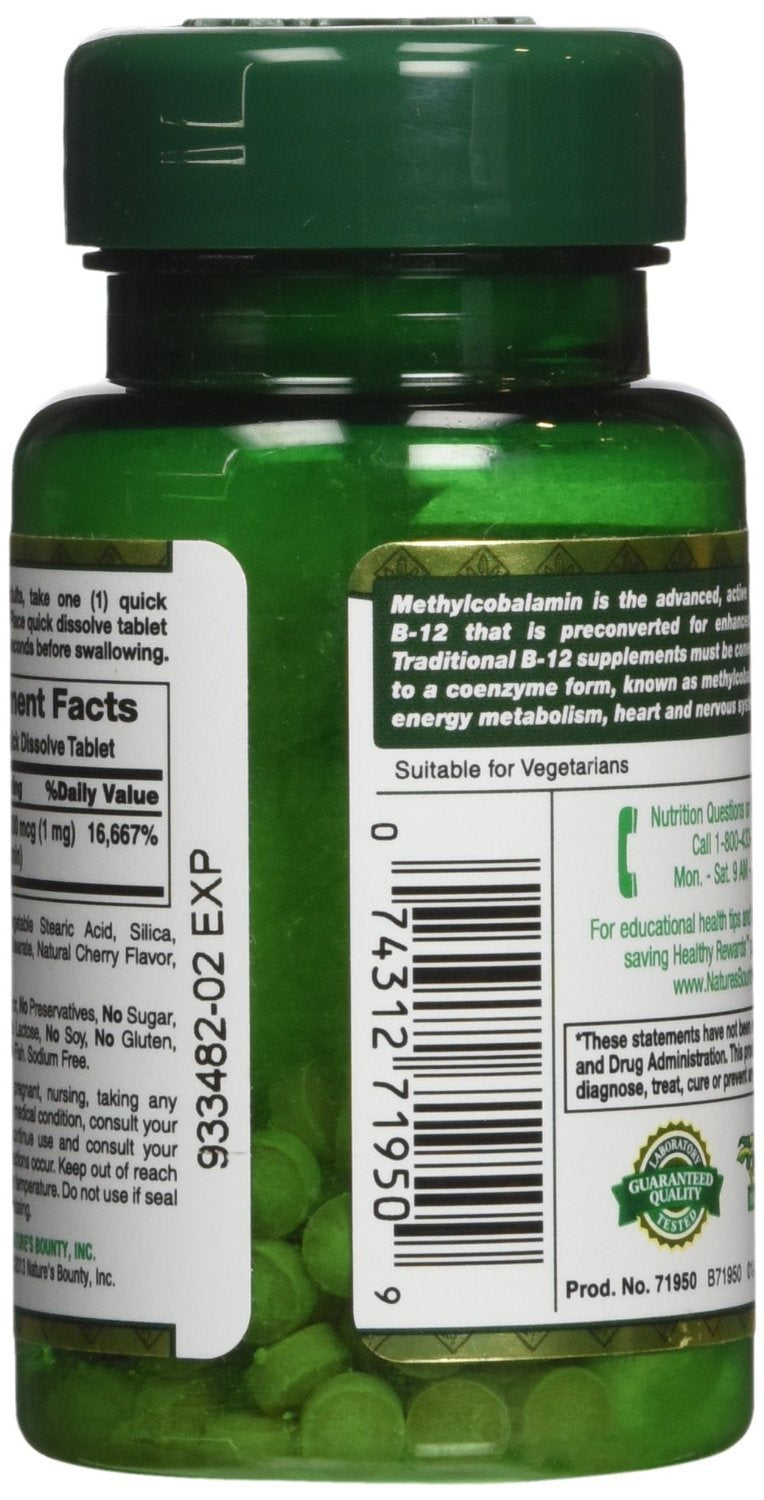 Natures Bounty Methylcobalamin B12 Microlozenge Tablets 1000 mcg — 120 Count (2 x 60 Count) Pack