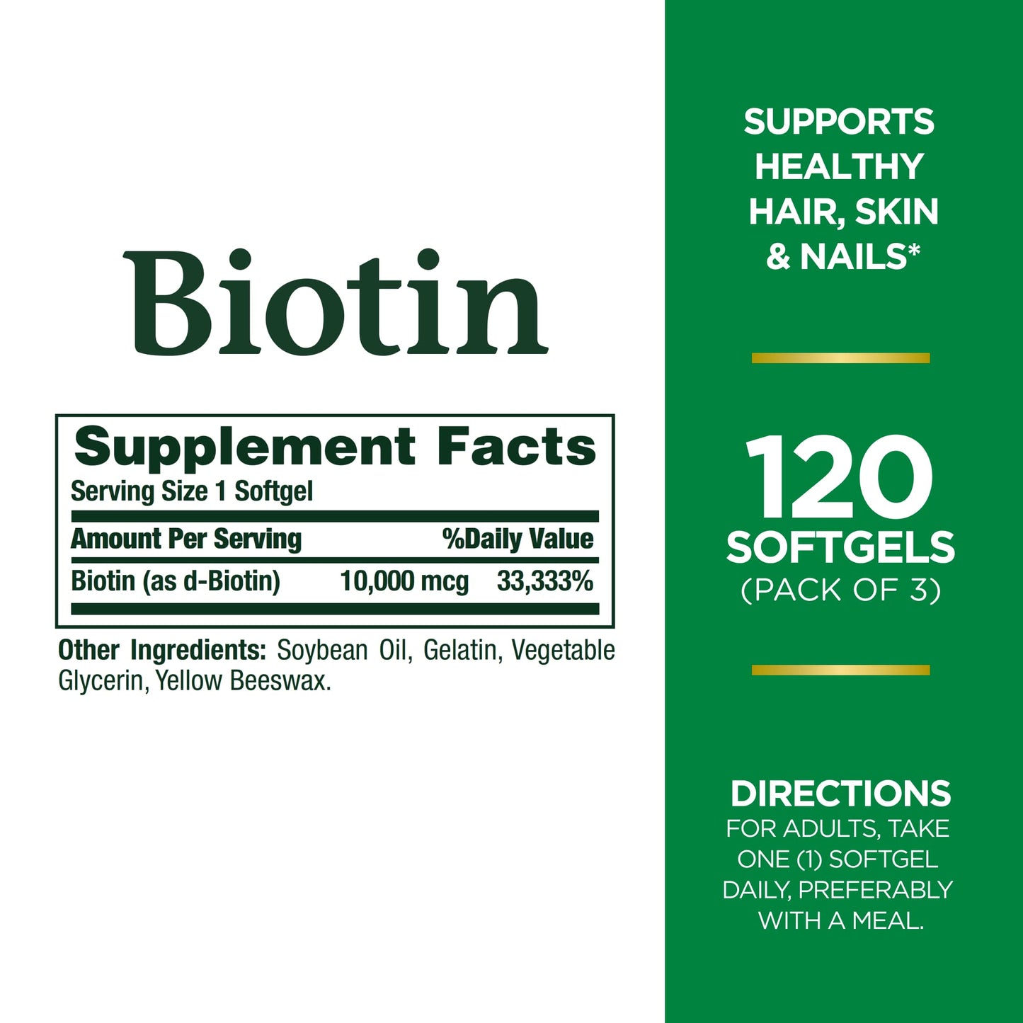 Nature's Bounty Biotin 10,000 mcg – Hair, Skin & Nails – Pack of 3, 120 Count