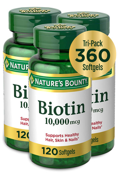Nature's Bounty Biotin 10,000 mcg – Hair, Skin & Nails – Pack of 3, 120 Count