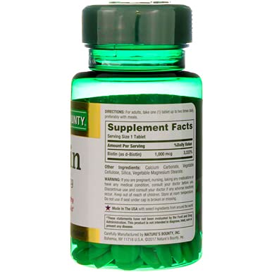 Nature's Bounty Biotin 1000 mcg Coated Tablets – 100 Count (1 Pack)