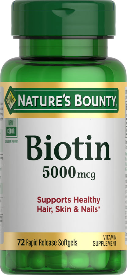 Nature's Bounty Biotin 5000 mcg | Supports Metabolism and Healthy Hair, Skin & Nails | 72 Softgels