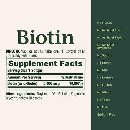 Nature's Bounty Biotin 5000 mcg | Supports Metabolism and Healthy Hair, Skin & Nails | 72 Softgels