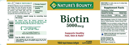 Set of 2 Nature's Bounty Biotin 5000 mcg Softgels – 300 Softgels Total