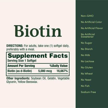 Nature's Bounty Biotin 5000 mcg - Supports Metabolism, Hair, Skin & Nails (150 Softgels)