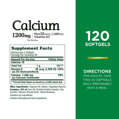 Nature's Bounty Calcium Carbonate & Vitamin D - 1200mg Calcium + 1000IU D3, 120 Softgels