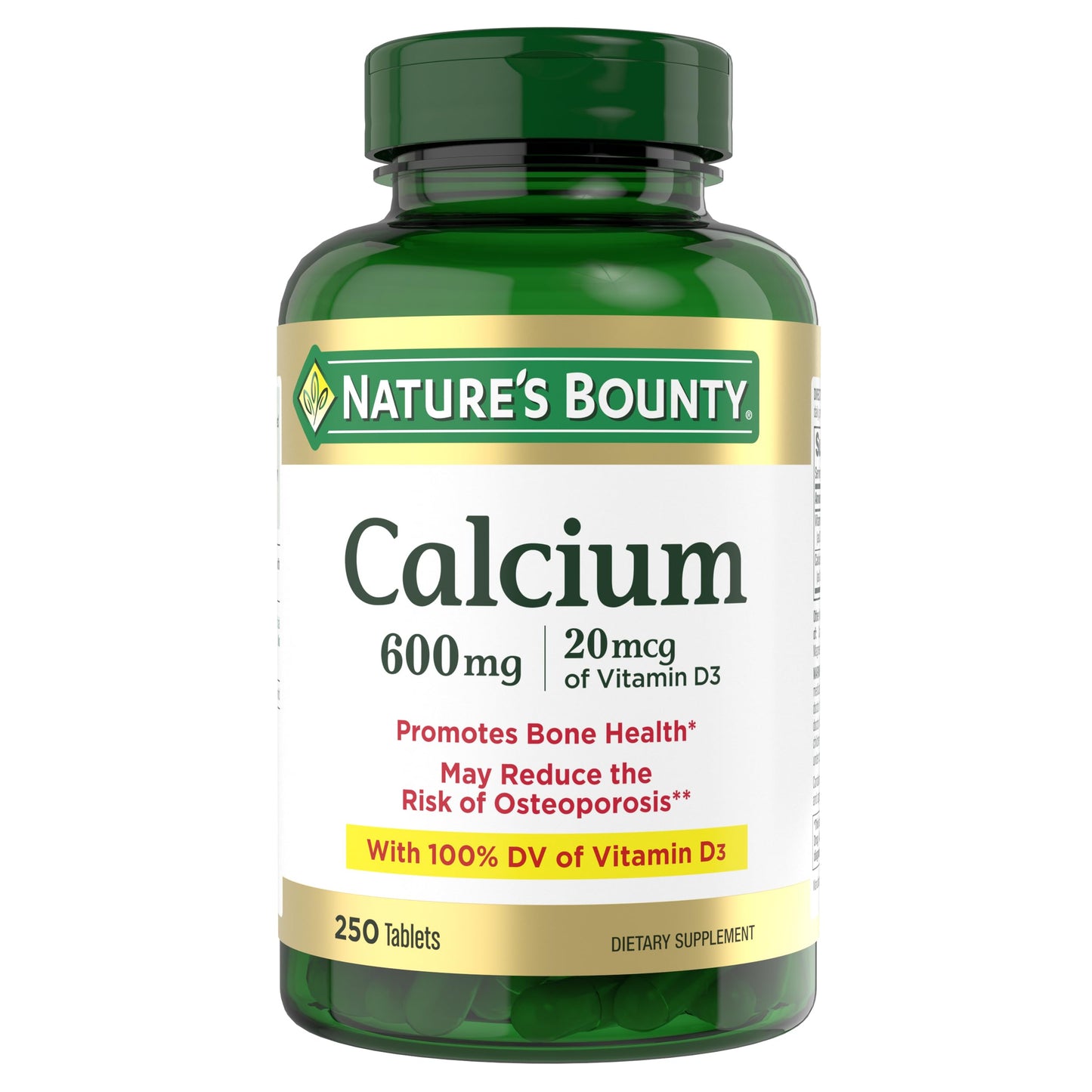 Nature's Bounty Calcium Carbonate + Vitamin D3 - Bone & Immune Support, 600mg Ca, 800IU D3, 250 Tablets