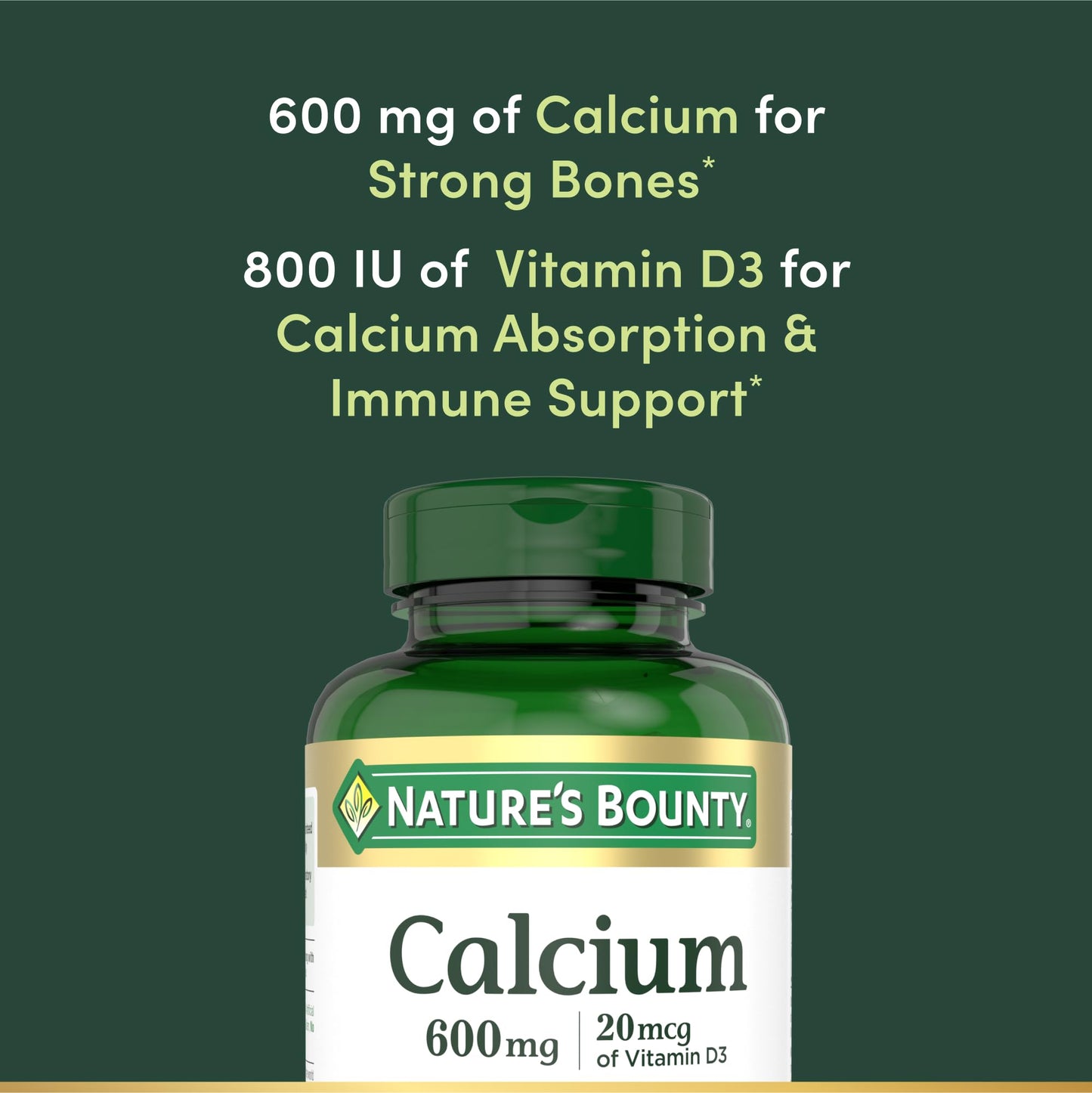 Nature's Bounty Calcium Carbonate + Vitamin D3 - Bone & Immune Support, 600mg Ca, 800IU D3, 250 Tablets