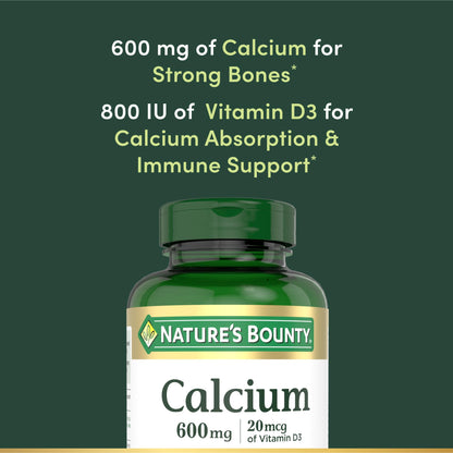 Nature's Bounty Calcium Carbonate + Vitamin D3 - Bone & Immune Support, 600mg Ca, 800IU D3, 250 Tablets