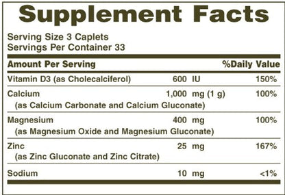 Nature's Bounty Calcium Magnesium Zinc Caplets – 100 Count, Pack of 6