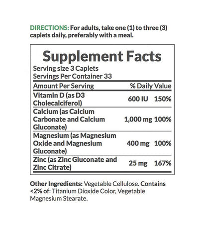 Nature's Bounty Calcium Magnesium Zinc Caplets – 100 Count, Pack of 6